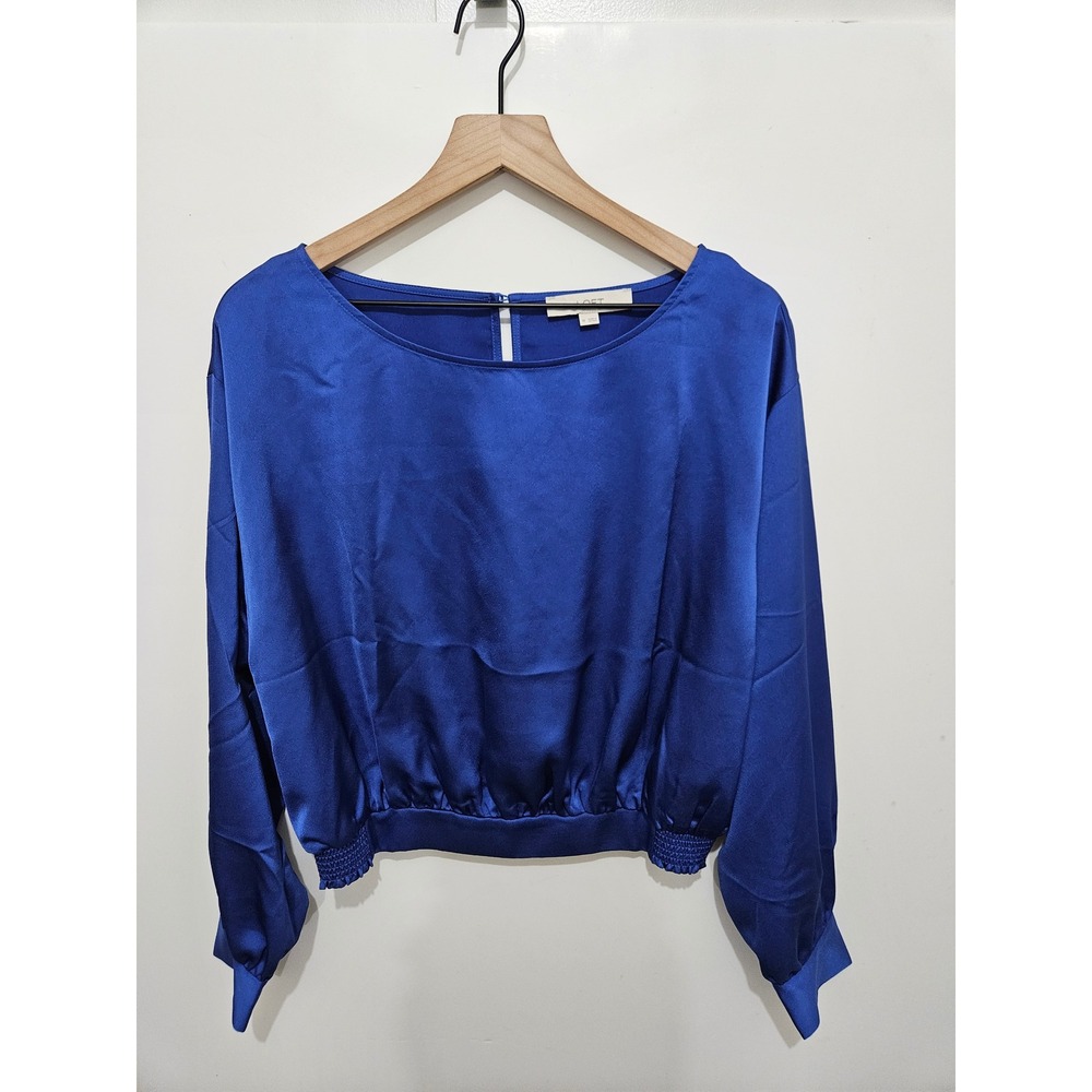 LOFT Cobalt Blue Satin Cropped Blouse Long Sleeve Keyhole Back Top Medium